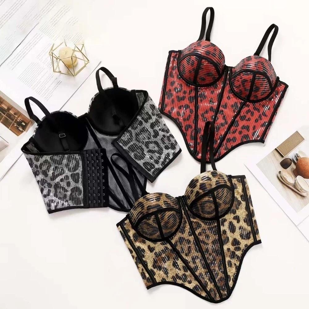 with Buckle Sequin Leopard Corset Slim Fit Suspender Vest Fashion Crop Tops Ladies