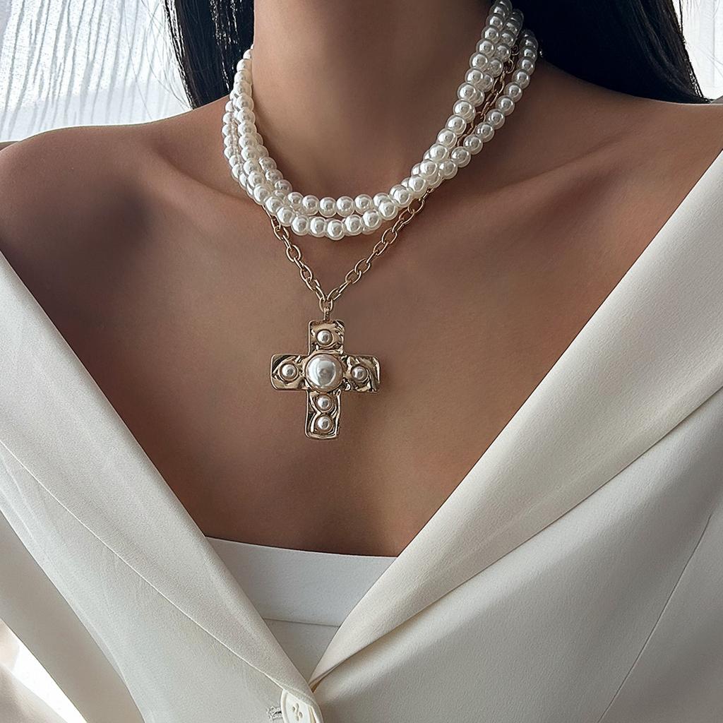 DIEZI Многослойное винтажное ожерелье с подвеской в виде креста из искусственного жемчуга для женщин, панк, эффектное колье, цепочка для ключиц, ювелирное изделие