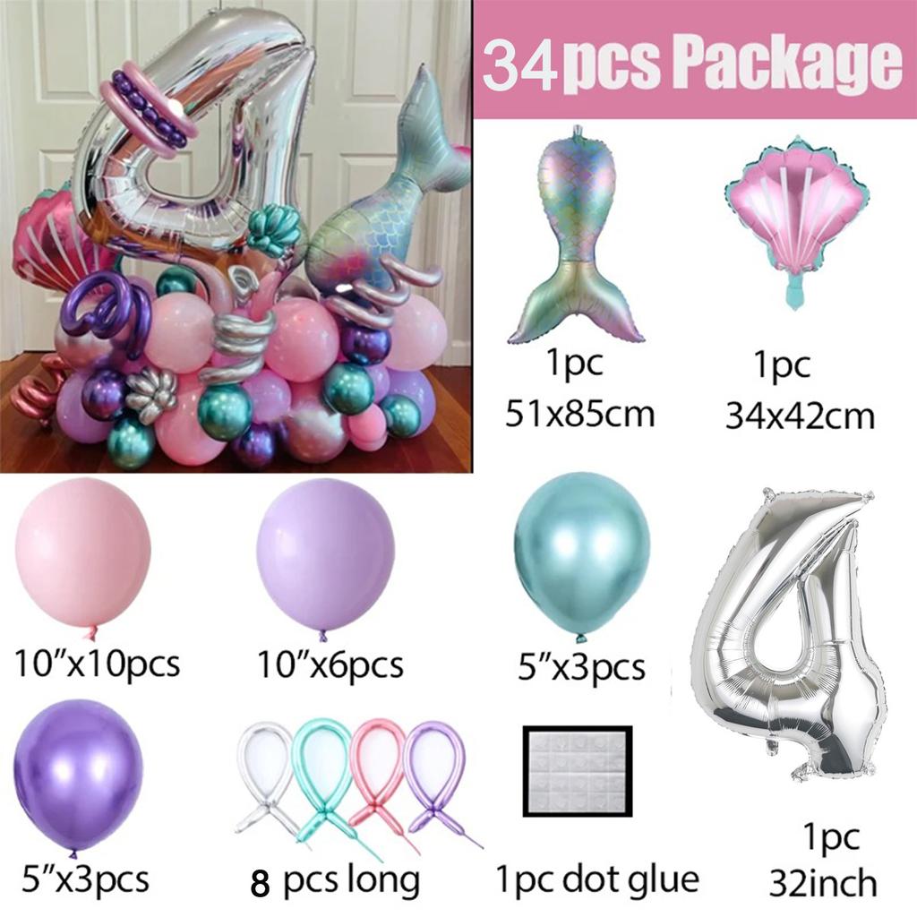 34 шт. воздушные шары с хвостом русалки, розовый, фиолетовый, воздушный шар из фольги с номером, детские украшения для дня рождения, вечерние шары с русалочкой