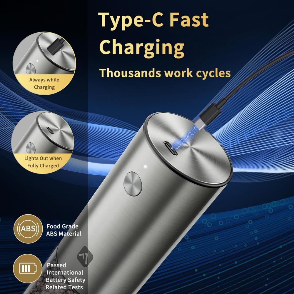 Обновленный набор электрических мельниц для соли и перца с USB-C подзарядкой | Большая вместимость 95 мл | 6 регулируемых степеней помола | Нержавеющая сталь Розовая соль