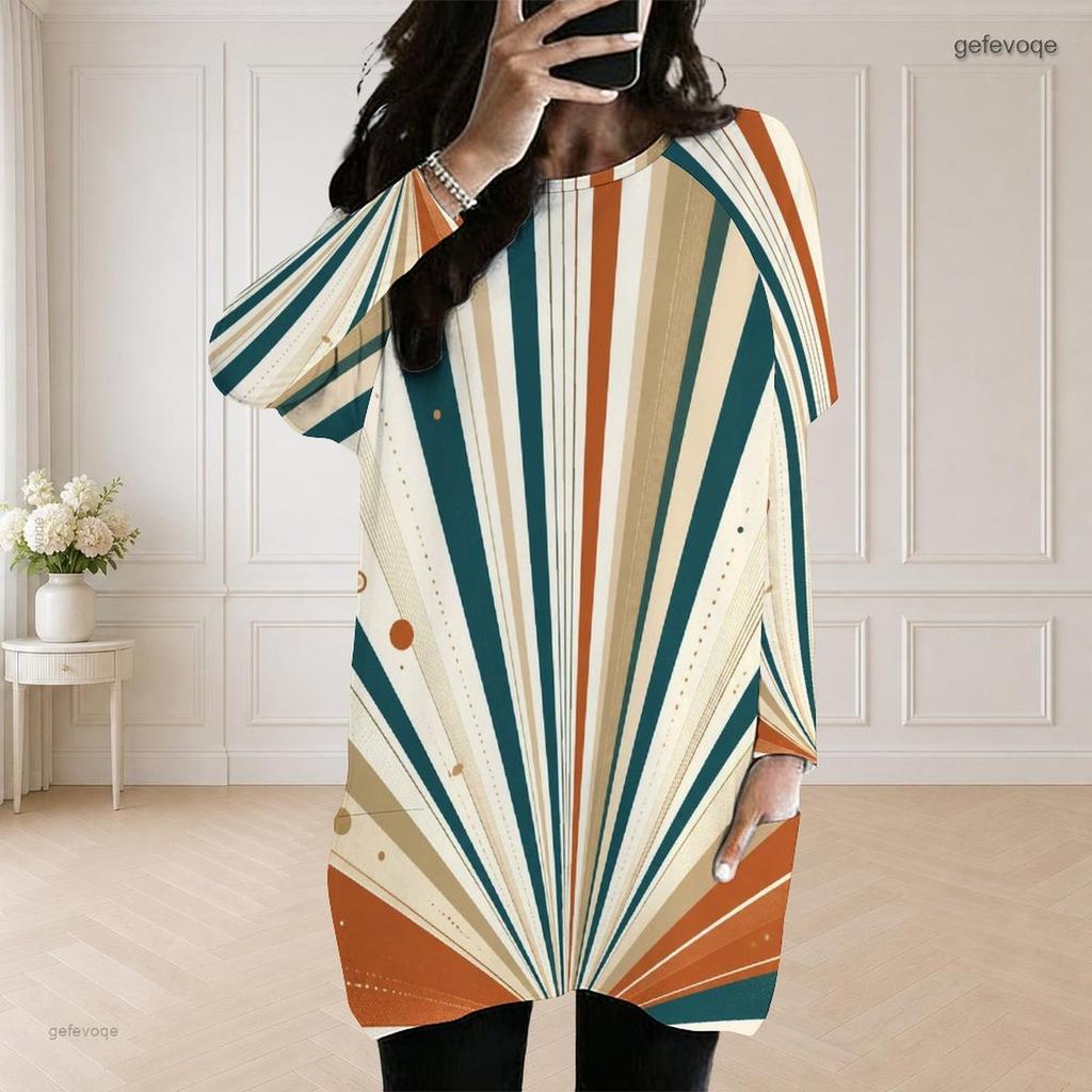 Women Plus Size Round Neck Long Sleeve Striped Printed Loose Longline Top With Pockets