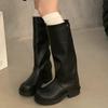 Зимние женские высокие сапоги Кожаные туфли на среднем каблуке Сапоги до колена Массивные Модные Мотоциклетные сапоги Зимний тренд 2024 Готические Botas De Mujer