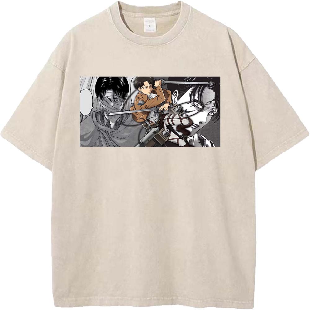 Anime Attack On Titan Levi Ackerman Graphic Tee Men Women Washed Cotton Tshirts Casual Manga T Shirt Harajuku Male Retro T-shirt