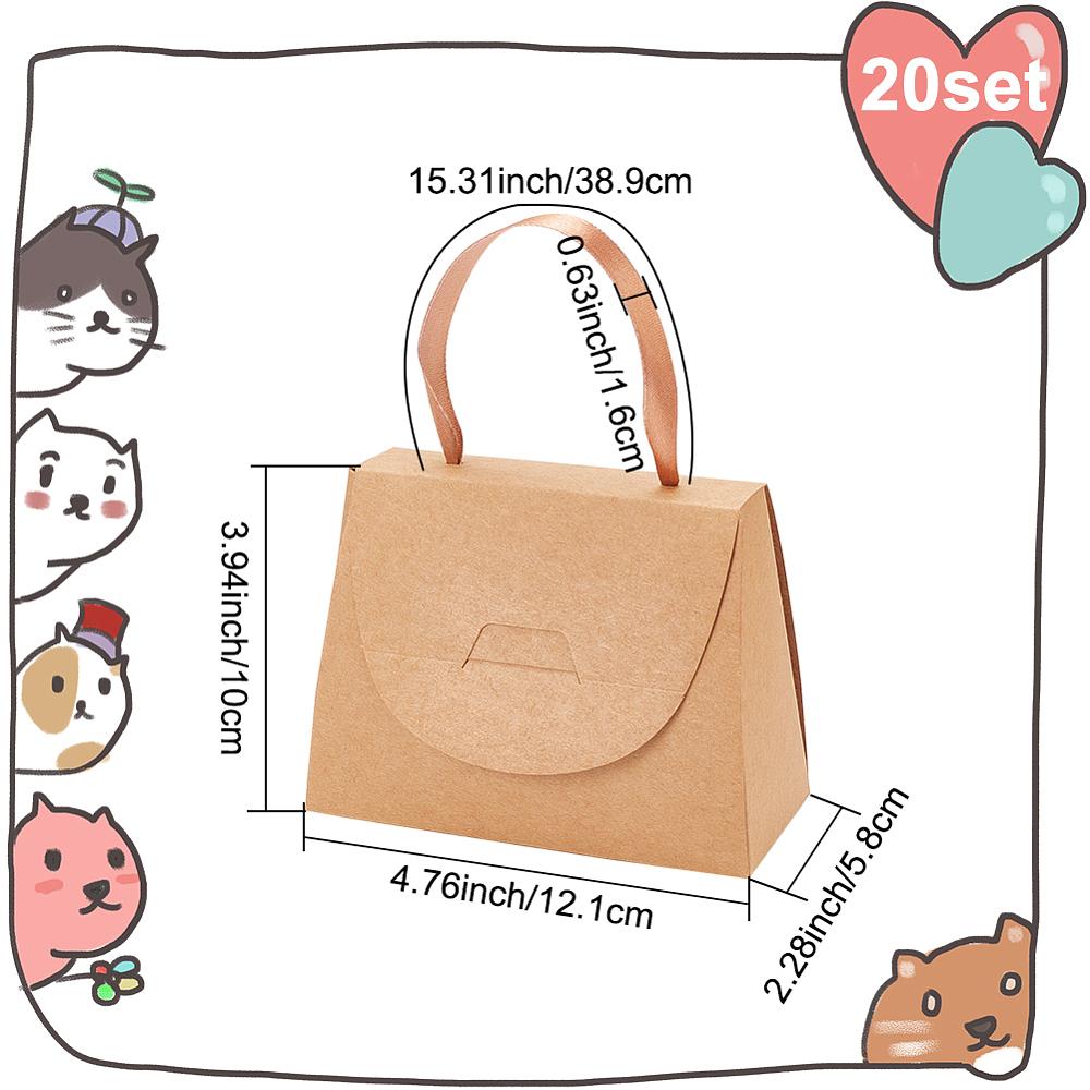 20sets Foldable Kraft Paper Candy Gift Box Handbag Shaped Candy Storage Case with Ribbon Handle for Wedding Party Camel 5.8x12.1x10cm