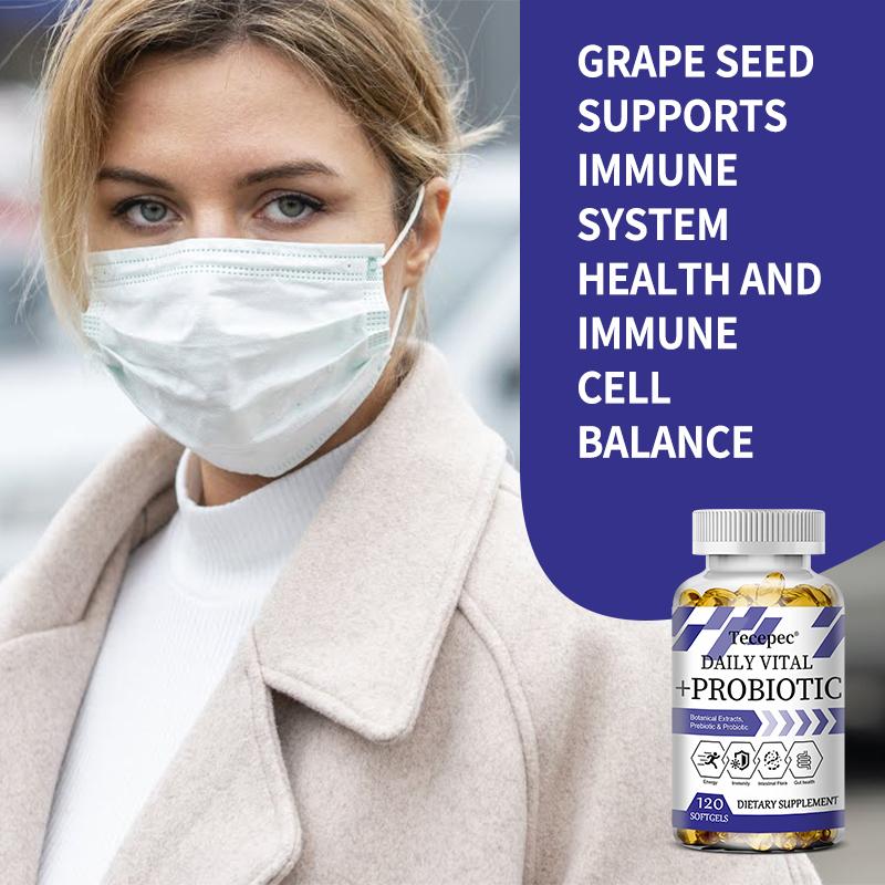 Daily Vitality + Probiotics, containing plant extracts, prebiotics, and probiotic capsules, 120 capsules.