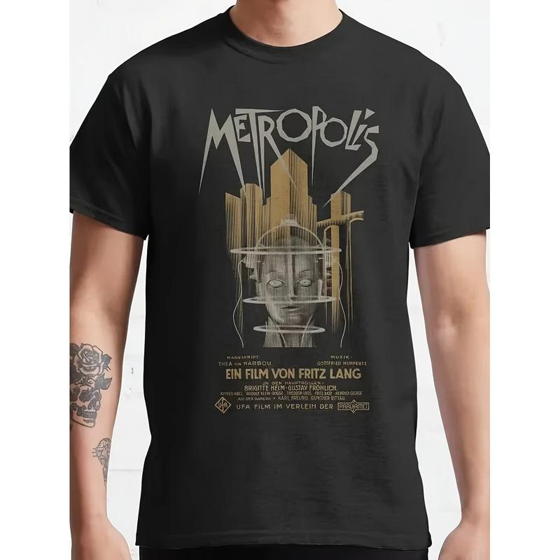 Мужская винтажная футболка Fritz Lang Metropolis 1925 - Ретро футболка по научно-фантастическому фильму с культовым постером, немецким текстом и логотипом Metropolis, Повседневная