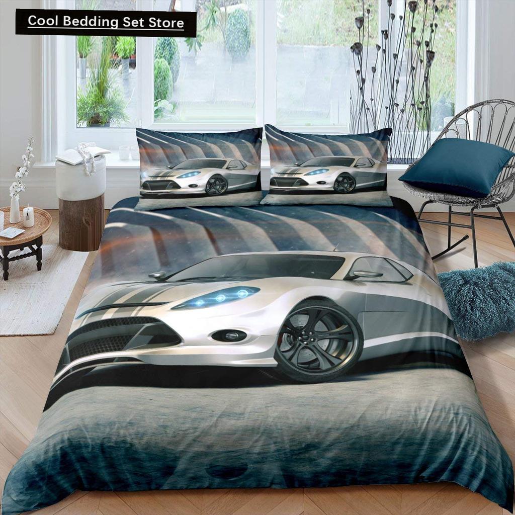 Race Car King Queen Duvet Cover Cool Speed Racing Bedding Set Teens Men Black Sport Car Quilt Cover Polyester Comforter Cover