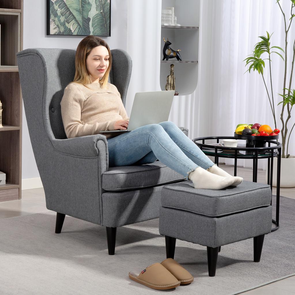Living Room Armchair in Fabric with Footstool Pouf, High Backrest and Cushion, 75x83x104 cm, Grey