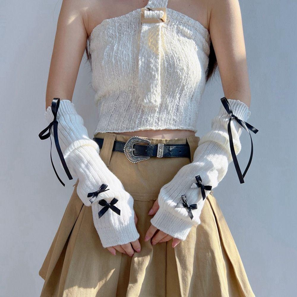 Бантик Балетный Стиль Бант Вязаные Митенки Эластичные Перчатки без Пальцев Y2K Теплые Рукава Лолита