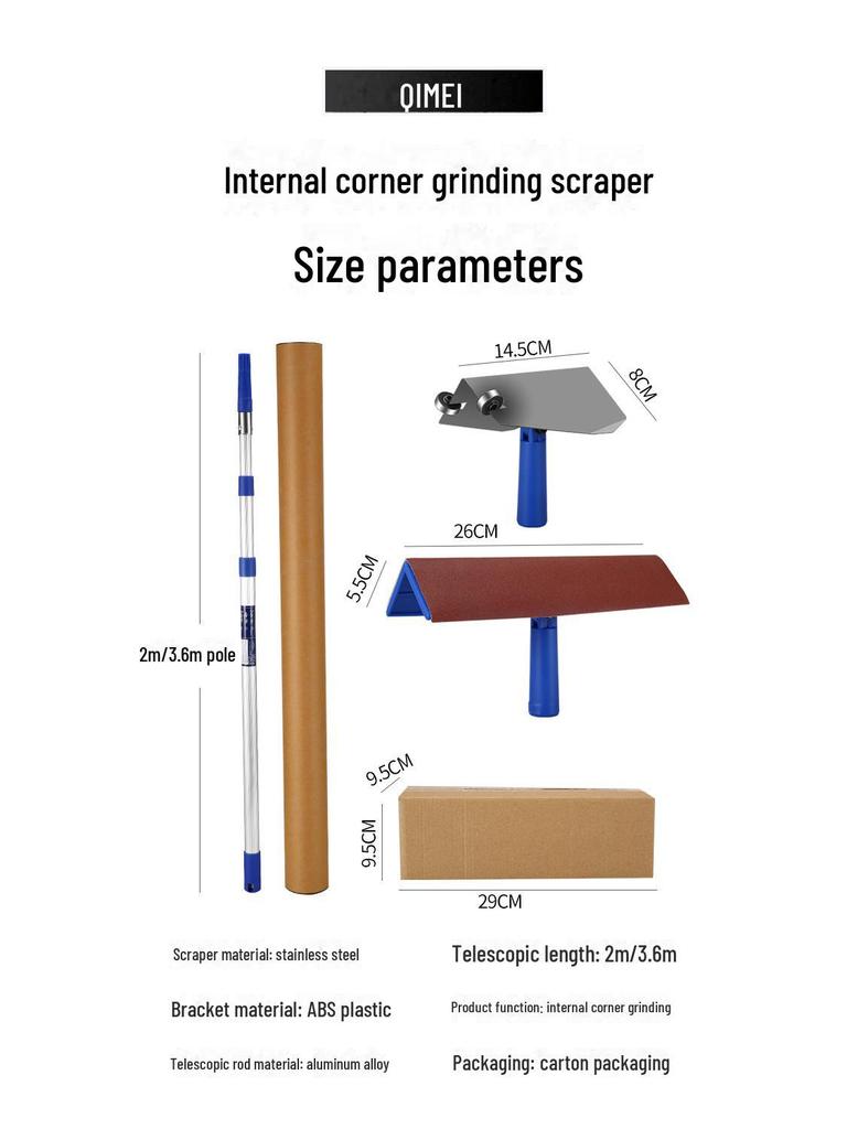 Регулируемый выдвижной скребок для шпатлевки с длинным стержнем и внутренней угловой наждачной бумагой для шлифования стен под прямым углом.