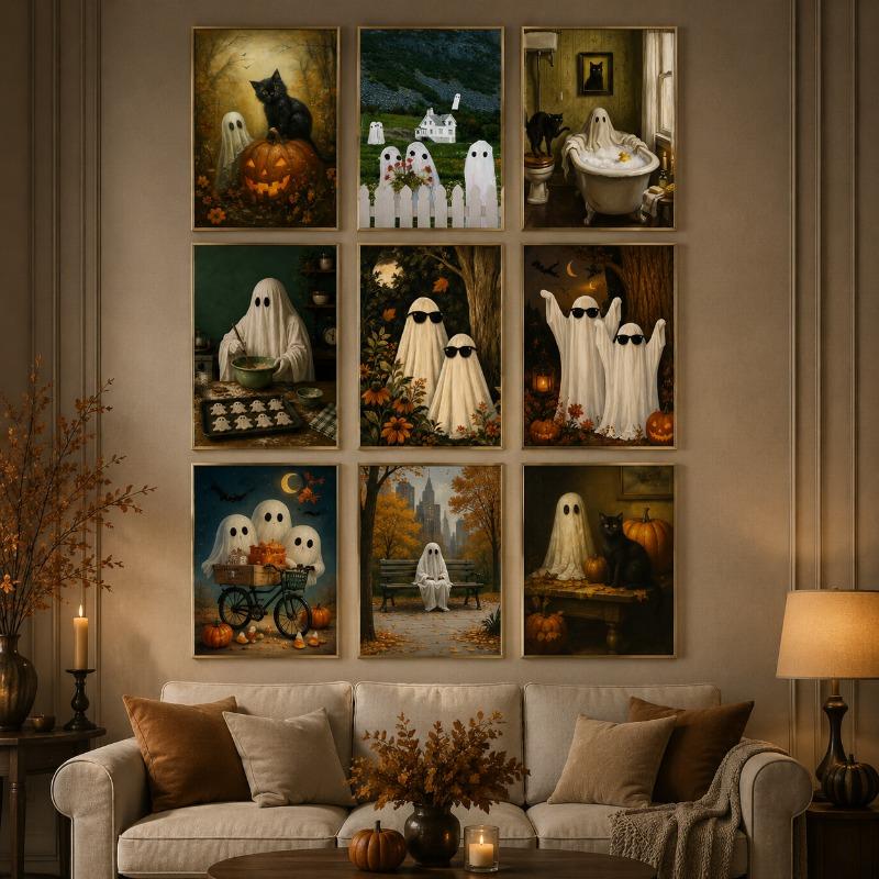 Funny Ghost Black Cat Canvas Gallery Wall Print Sunglasses Pumpkin Bat Vintage Wall Art Farmhouse Halloween Fall Home Decor Gift