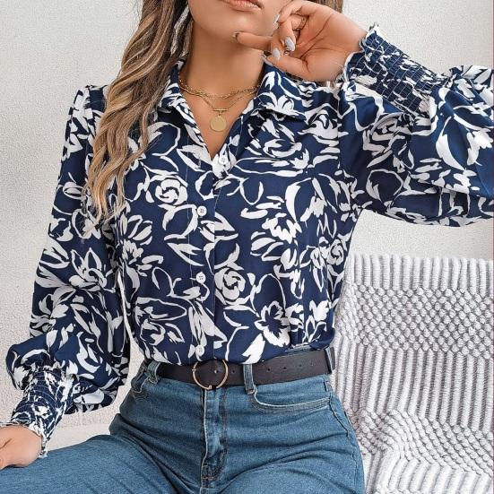 Women Shirt Lapel Lantern Long Sleeve Elastic Cuffs Casual Tops Single Breasted Flower