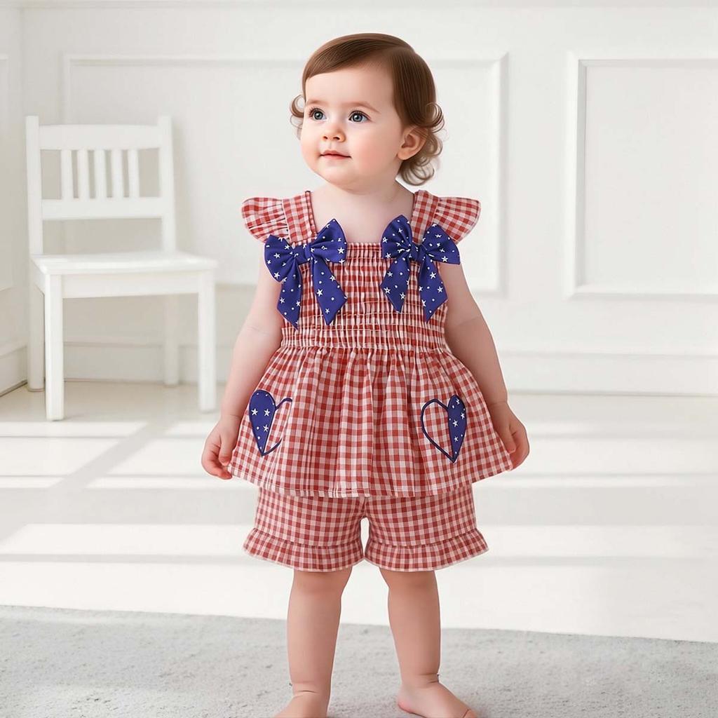 Hot Selling Patriotic Infant Girls Clothing Set Star Bow Fly Sleeve Top Plaid Shorts 2 Piece Outfit With Heart Embroidery For 0 3 Years Old Daily Wear