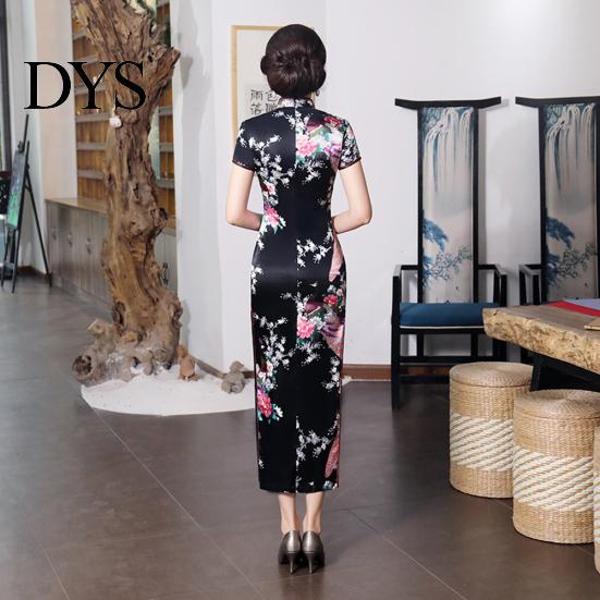 Женское длинное китайское длинное вечернее платье Cheongsam с коротким рукавом и принтом павлина