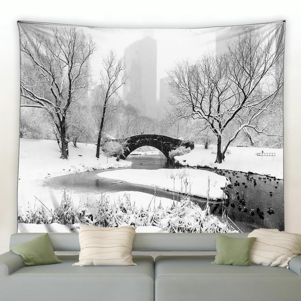 Окно Снаружи Снежинка Лес Гобелен Зимний Пейзаж Гобелены Настенное Панно Домашний Художественный Декор Плед для Спальни Гостиной