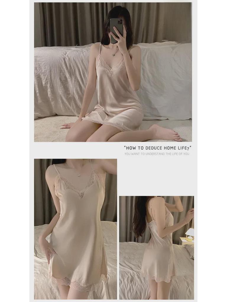 Летняя женская ночная рубашка из ледяного шелка с кружевом 2024 года — тонкая, сексуальная, высококачественная пижама