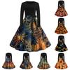 Halloween Print Flare Dress For Women Long Sleeve Dress Hollow Party Casual Round Neck Dresses