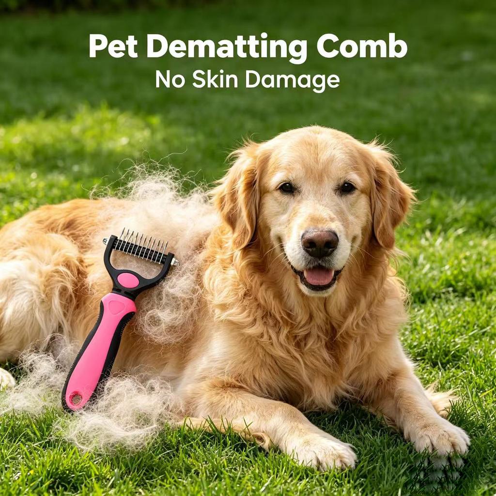 Pain-Free Pet Dematting Comb Professional 2-Sided Undercoat Rake with Rounded Teeth Safe Grooming Brush for Sensitive Skin