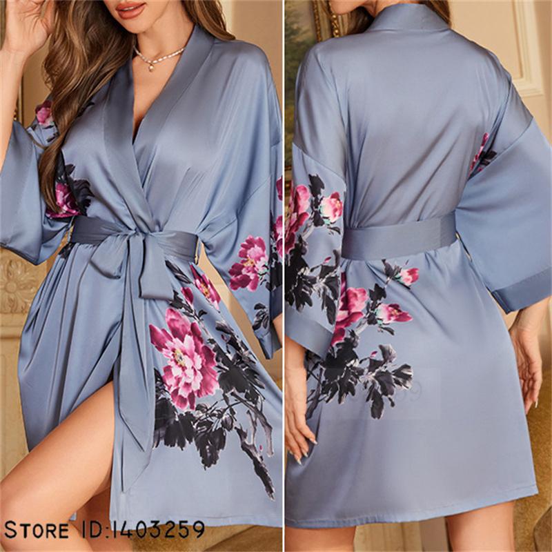 Плюс размер сексуальный женский халат пижамы шелковистый атласный кимоно халат платье юката китайский стиль принт филиал ночная рубашка повседневная домашняя одежда