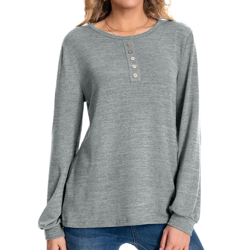 Женская мода повседневная круглая горловина с пуговицами длинный рукав однотонный топ Shu