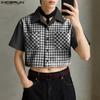 Мужские рубашки оверсайз с лацканами, короткими рукавами, клетчатым принтом, повседневные, укороченные