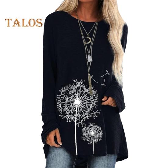 Женская туника больших размеров с принтом одуванчика, удлиненная рубашка с круглым вырезом и длинными рукавами, футболка-пуловер свободного кроя для работы, повседневной жизни