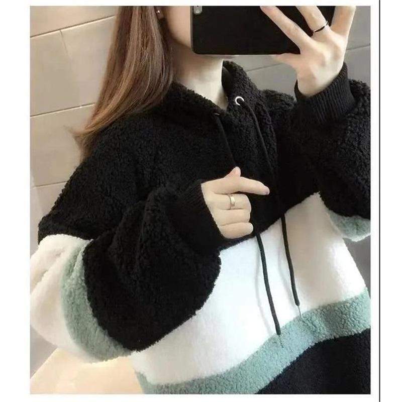 Женское осенне-зимнее свободное и толстое теплое худи из овечьей шерсти с флисом