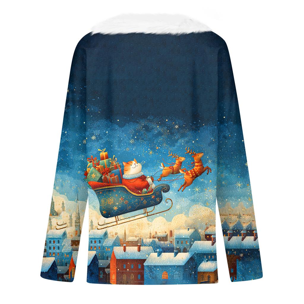 Женский рождественский топ с принтом, длинными рукавами, для вечеринки, с плюшевой отделкой на шее, с V-образным вырезом