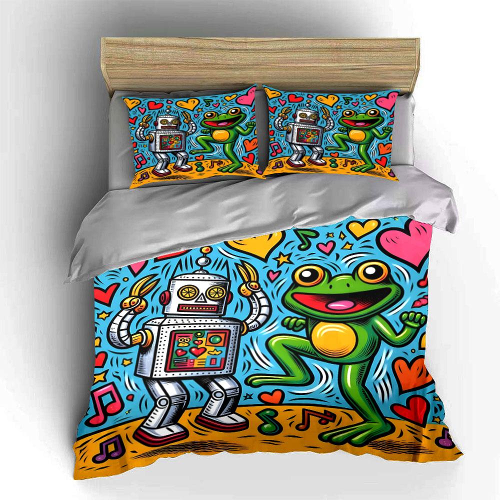 Robot and Frog Dancing Happily Print Bedding Set 1 Duvet Cover 2 Pillowcases for Adult and Children Luxury Gift Full Size