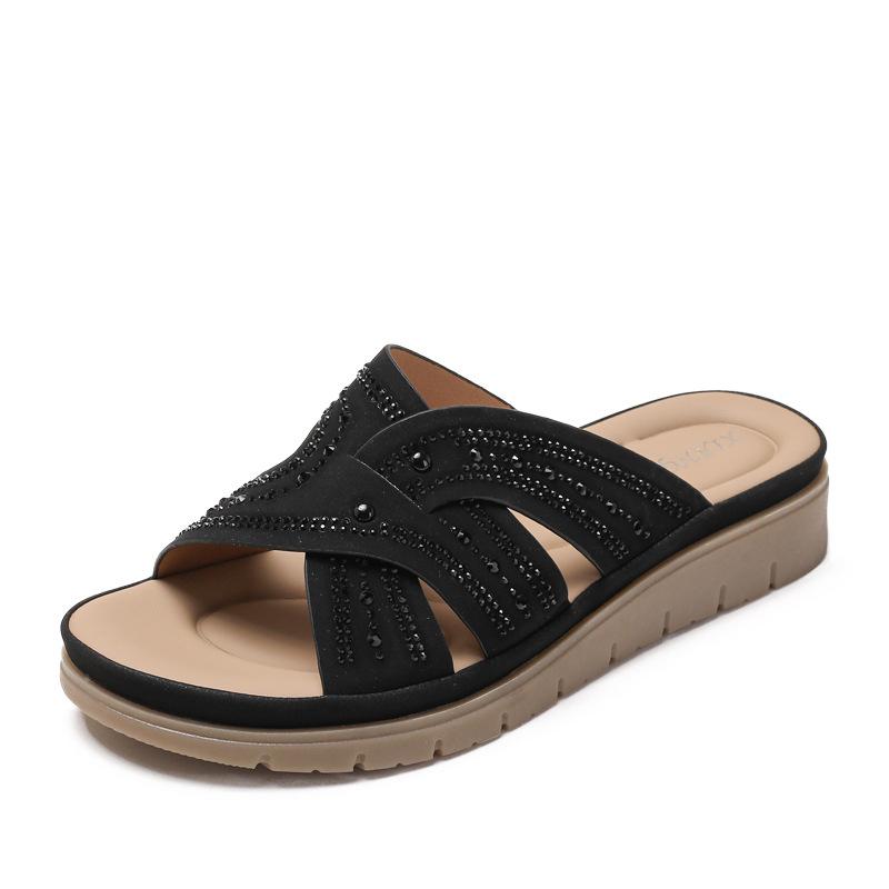 Женские тапочки со стразами и плоским каблуком, ажурные шлепанцы, нескользящая дорожная пляжная обувь