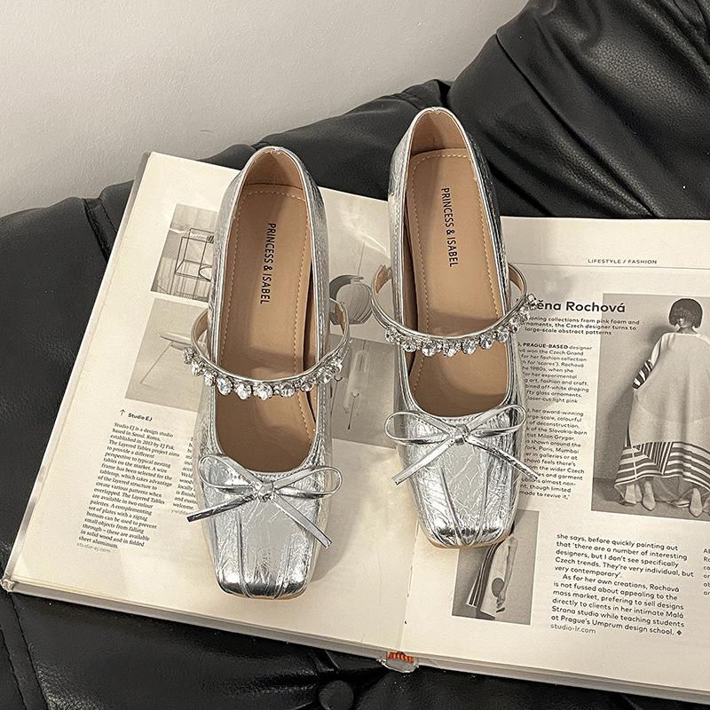 French bow thick heel high heels women's summer 2025 new rhinestone square head single shoes shallow mouth Mary Jane shoes