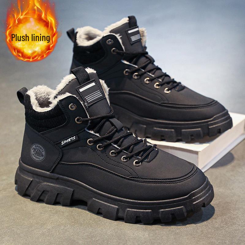 Men's High-Top Martin Boots - Velvet Winter Work Shoes, Retro Style with Thick Soles and Warm Cotton Lining.