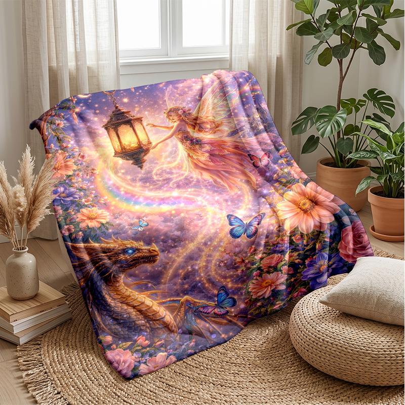 Fairy and Dragon Enchanted Night Theme blanket Lightweight Warm Flannel Blanket Decorative Throw Blanket for Home Decoration