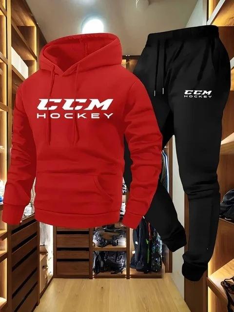 Оптовый мужской повседневный спортивный комплект из двух предметов CCM с принтом: толстовка с длинным рукавом и капюшоном и комплект спортивных брюк