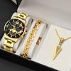 3pcs/set, 1pc Fashion Men's Casual Stainless Steel Quartz Watch & 1pc Bracelet & 1pc Necklace, Men's Gifts