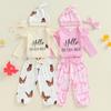 Baby Girl Fall 4 Pcs Outfit Letter Long Sleeve Romper with Bow Pattern Pants and Headband Hat Set