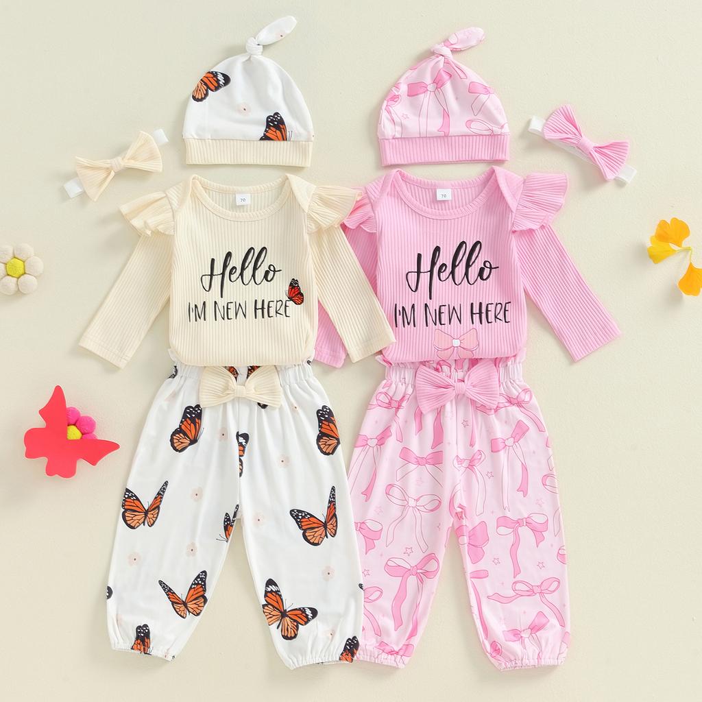Baby Girl Fall 4 Pcs Outfit Letter Long Sleeve Romper with Bow Pattern Pants and Headband Hat Set