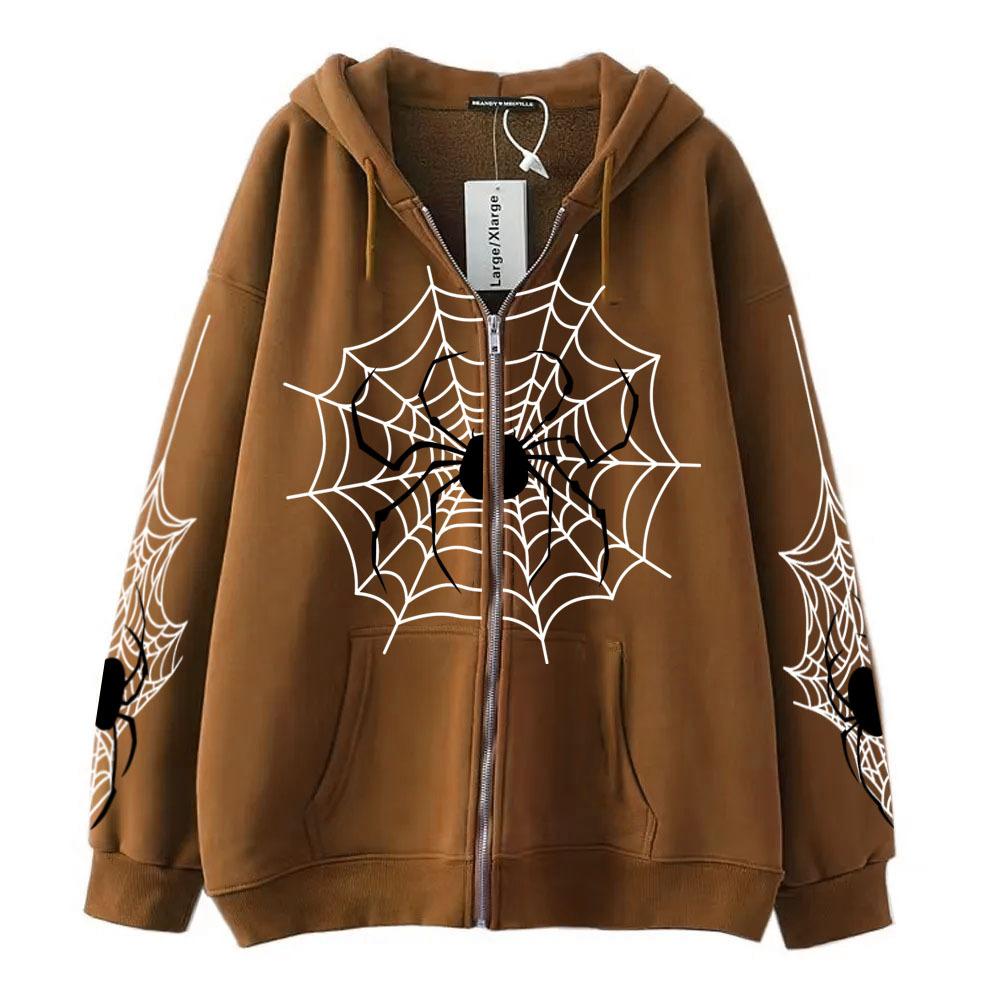 Spring and Autumn Women's Fashion Spider Web Printed Hooded Casual Jacket