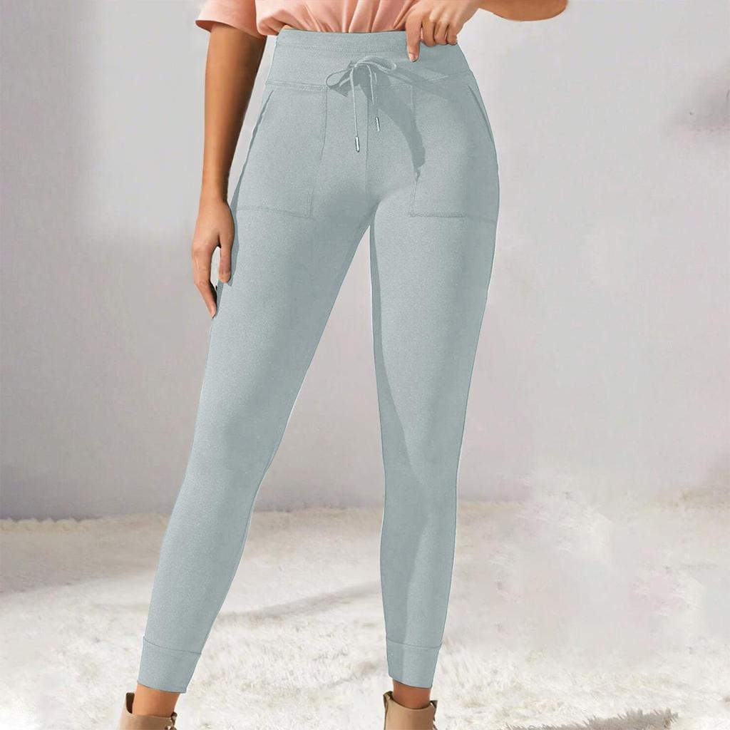 Женские однотонные повседневные брюки с высокой талией и шнуровкой, эластичные облегающие длинные брюки для бега и фитнеса
