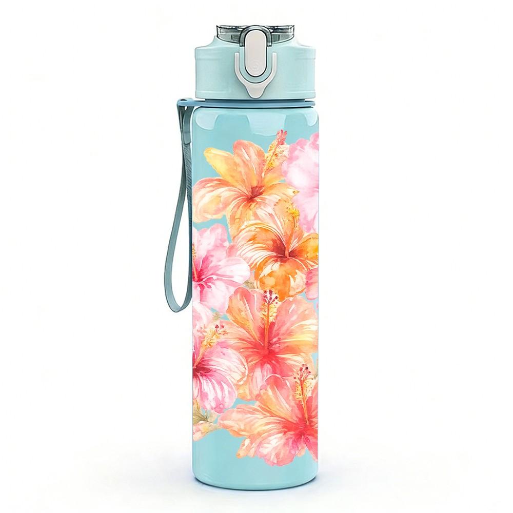 1PC Soft Pink Cherry Blossom Print 750ml Color Plastic Sports Water Bottle Leakproof Flip Straw Lid Suitable for Sports Office Home Use