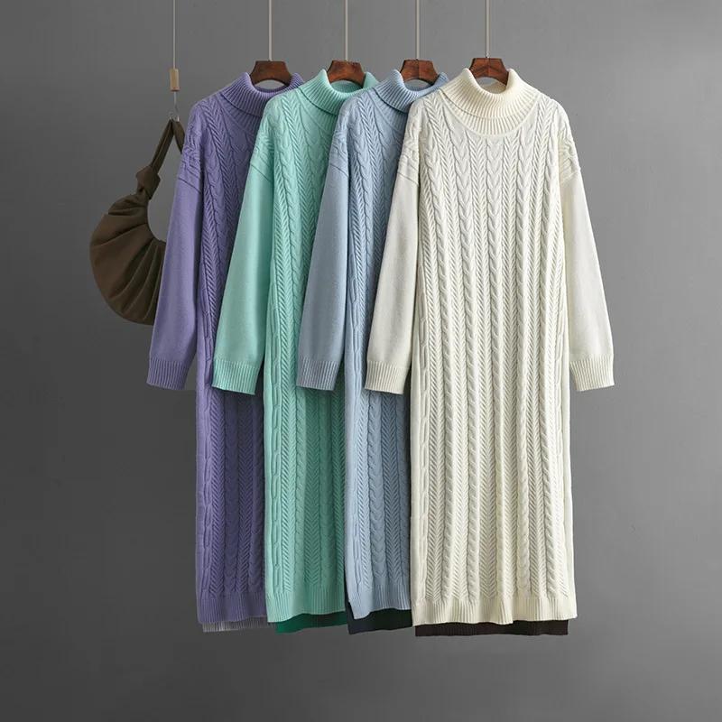 Зима 2024 Новое женское трикотажное теплое длинное платье-свитер женское осеннее модное свободное утолщенное трикотажное винтажное платье Vestido