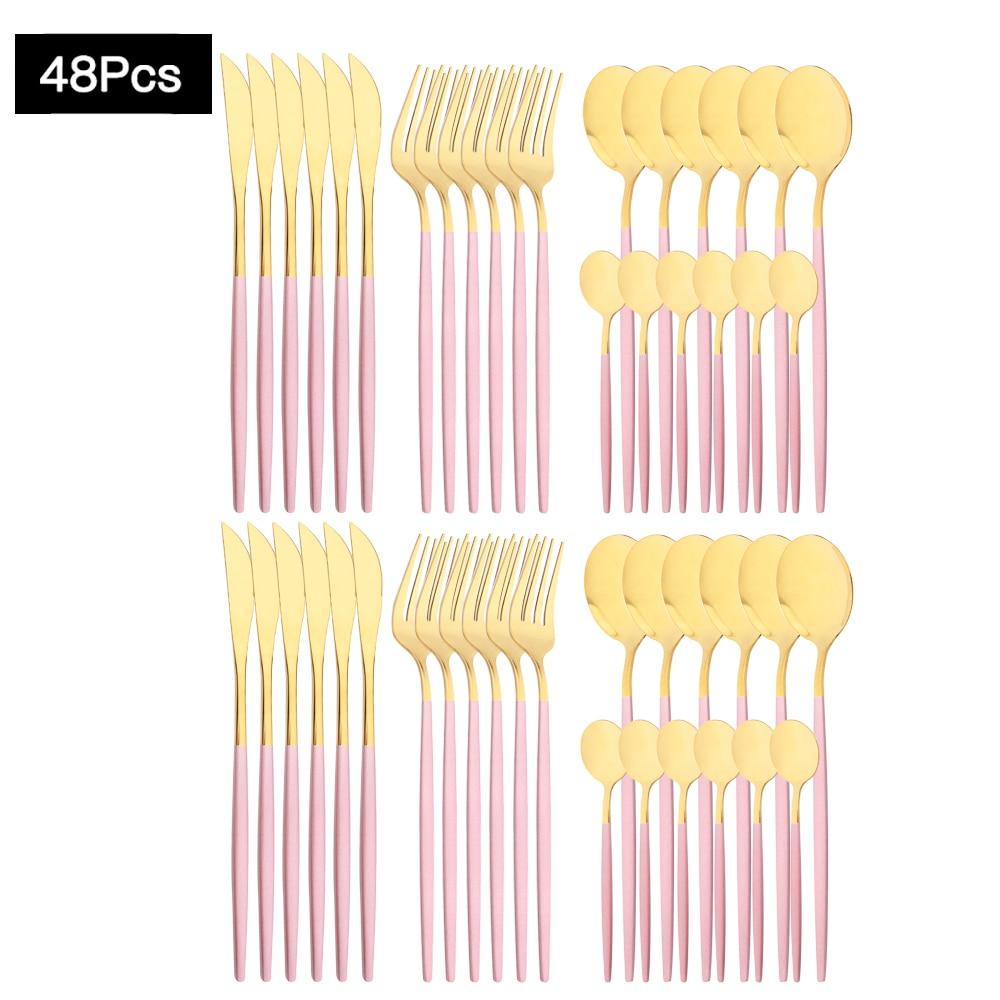 48Pcs Gold Mirror Polishing Cutlery Set Stainless Steel Dinnerware Tableware Knife Fork Spoon Coffee Spoon Flatware Home Party