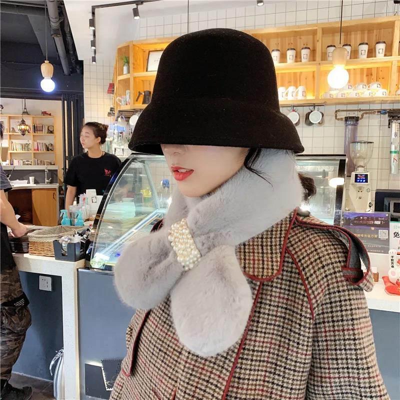 Women Winter Net Red Thicken Solid Color Faux Rabbit Fur Plush Cross Collar Scarf Shawl