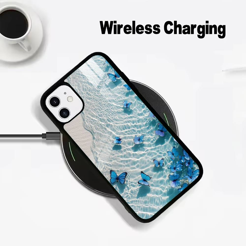 Blue Butterfly Ocean wave For IPhone17 16 15 14 13 12 11 Plus Pro Max Plus Wireless Charger Phone Case