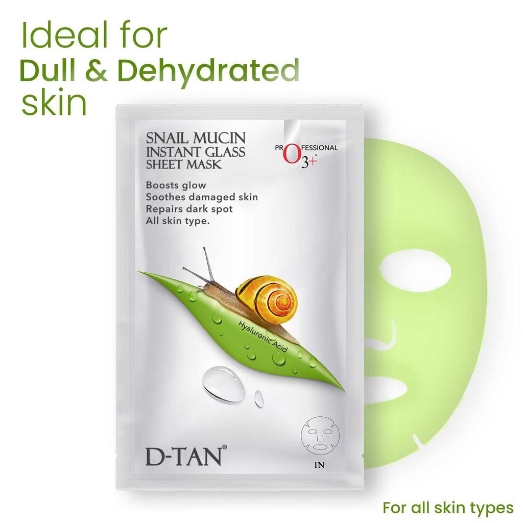 O3+ Тканевая маска для лица с муцином улитки для мгновенного сияния и гладкой текстуры кожи 30 мл в упаковке