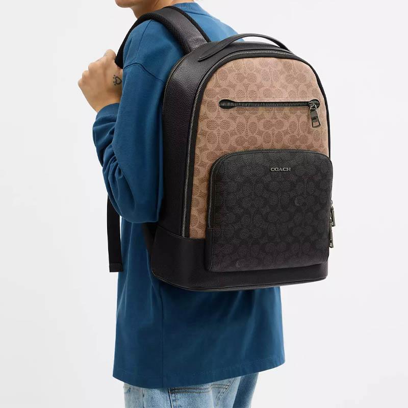 Coach Ethan 32 Color Block Design Metal Logo Zipper Closure Coated Canvas Leather Backpack Large Unisex backpack Brown Charcoal CZ392-QBXAH