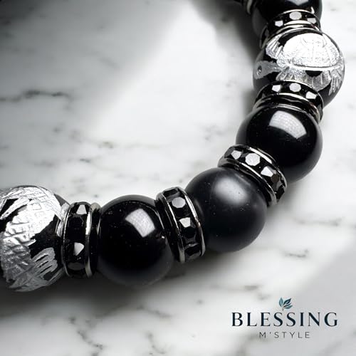 [BLESSING M'style] Браслет из натуральных камней, Браслет Четырех Богов, Морион, Матовый Оникс, Оникс с Серебряным Гравированием, В комплекте Роскошный Мешочек на Шнурке из Замши