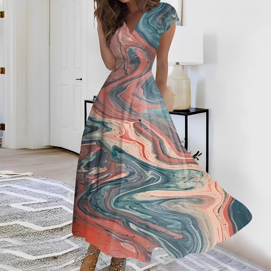 Женское длинное повседневное платье. Летнее платье с короткими рукавами и v-образным вырезом на талии с принтом.