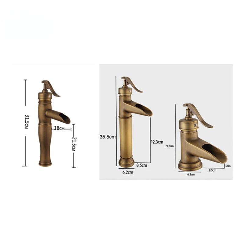 Смесители для раковины, античный латунный водопад, смеситель для раковины в ванной, однорычажный смеситель для раковины, водопроводный кран, краны для туалета
