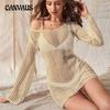 Summer Women's Loose Beach Hollow Hole Breaking Backless Strappy Long Sleeve Wrap Hip Holiday Knit Cover-ups